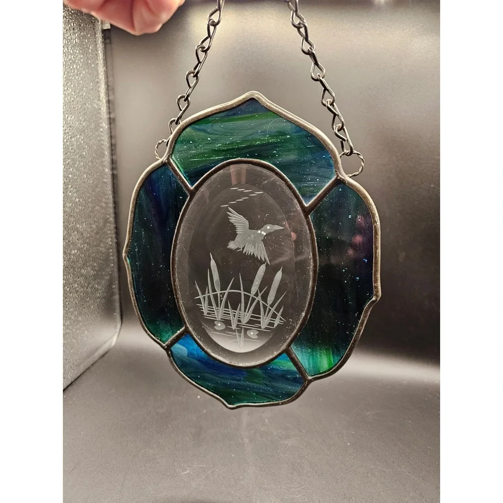 Vintage Stained Glass Suncatcher Etched Loon Bird Teal Green Slag Glass 8.5